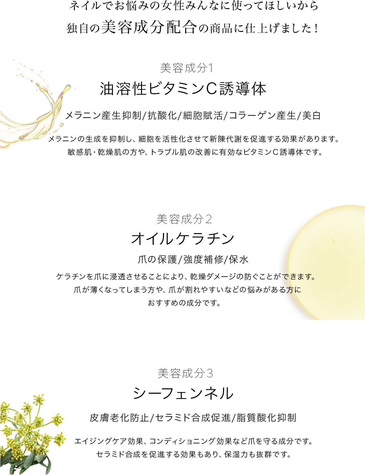 独自の美容成分配合の商品に仕上げました!油溶性ビタミンC誘導体 オイルケラチン シーフェンネル
